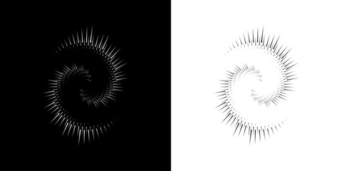 Dynamic abstract spiral sound wave rhythm lines. Circular spiral sound wave rhythm of lines. Circular futuristic abstract lines, black and white background.	
