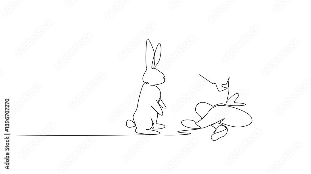 Poster animation of single one line drawing the boy sitting cross legged and playing with rabbit. train a r