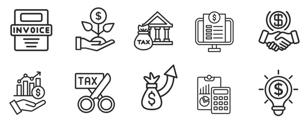 Set line icons related to accounting, audit, taxes. Outline icon collection. Business symbols. Editable stroke. Vector illustration
