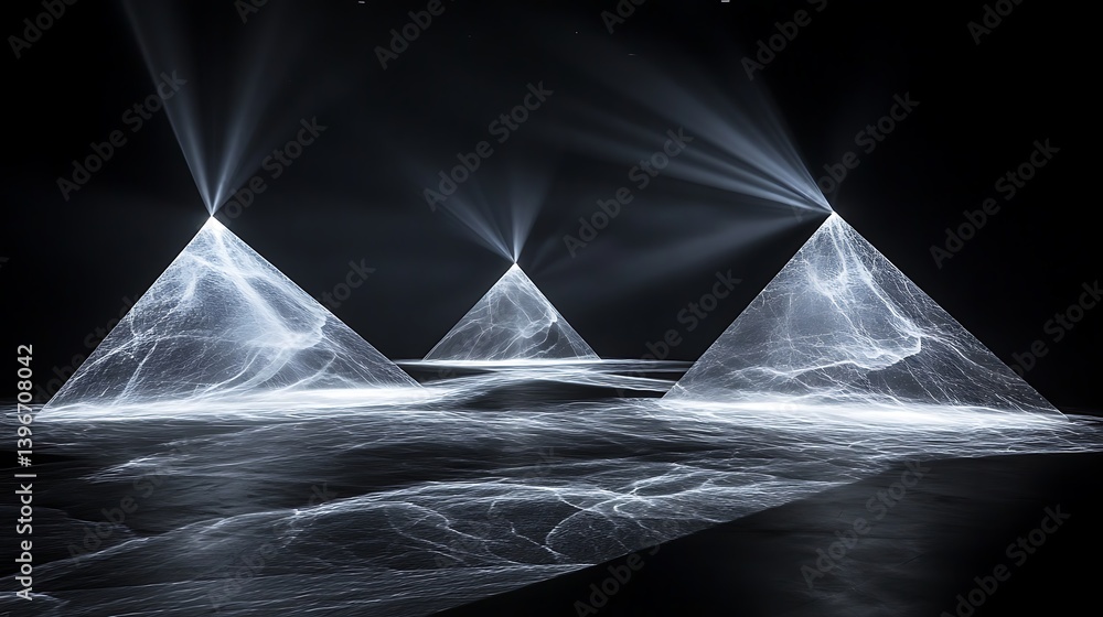 Poster ethereal light beams emanate from luminous pyramids in a dark setting, creating a mesmerizing atmosp