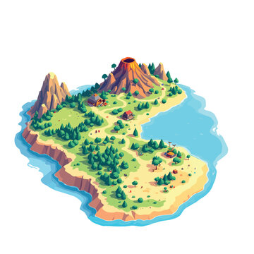 Vsai tropical island with volcano, forest, and houses surrounded by ocean in isometric view