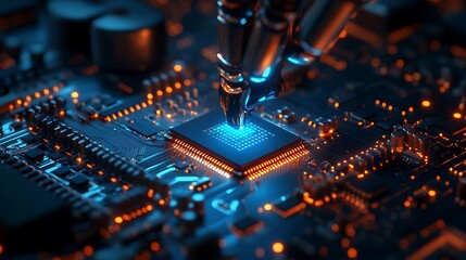 Aerial view of robotic hand placing a microchip into a socket on a motherboard, blue light beams accenting the gesture. Background shows partial circuitry blur.