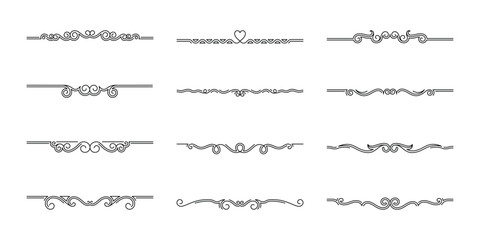 Obraz premium Vintage decorative divider elements. Text dividers. Divider ornament. Line border. Lines separators, Borders, Vintage dividers. Hand drawn vector illustration. Editable stroke