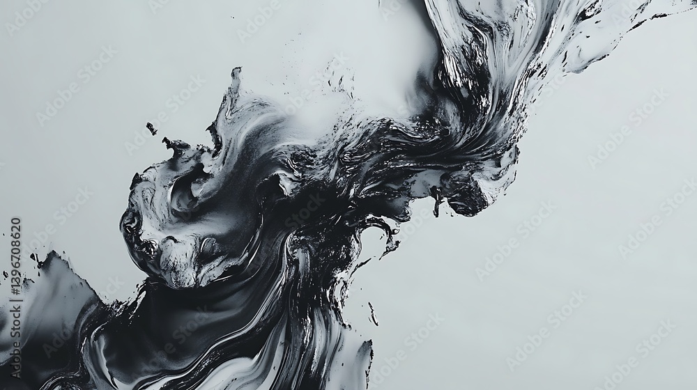 Poster abstract black and white fluid art swirling on a light background, creating a dynamic visual effect