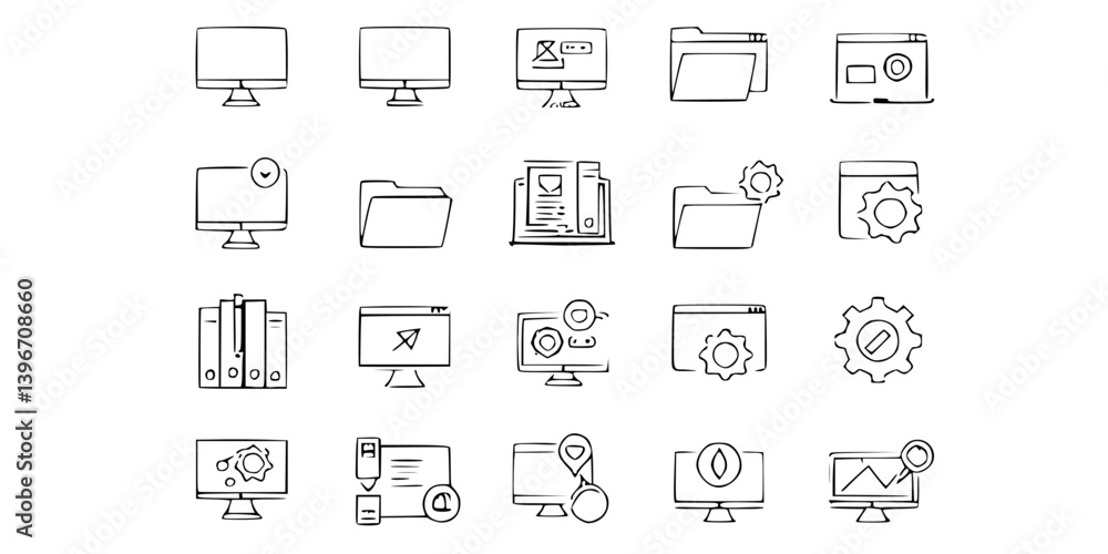 Poster set of computer icons in line style isolated on white background