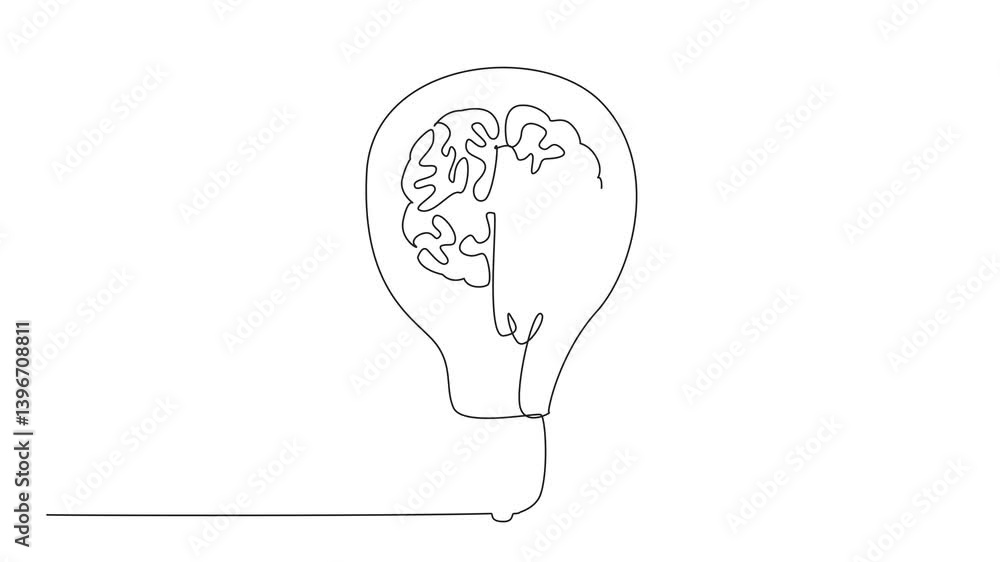 Poster self drawing animation of single continuous line drawing the light bulb with a brain symbol in it. b