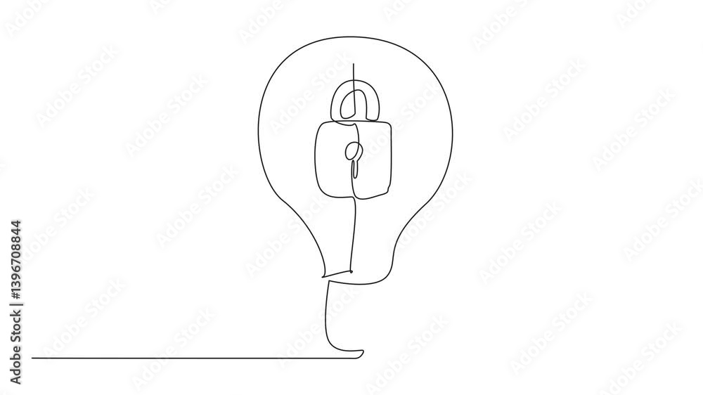Poster animated self drawing of continuous line drawing a light bulb with a padlock. the brilliance of an i