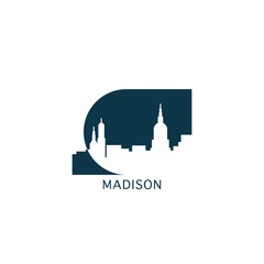 Fototapeta premium Madison vector icon with skyline, panoramic view, city shape. USA, Wisconsin state landmarks logo concept. Blue flat isolated graphic, badge