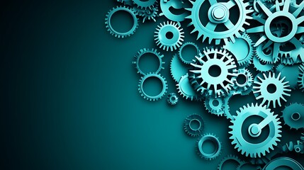 Abstract composition of teal gears and cogs arranged artistically on a dark background, symbolizing machinery