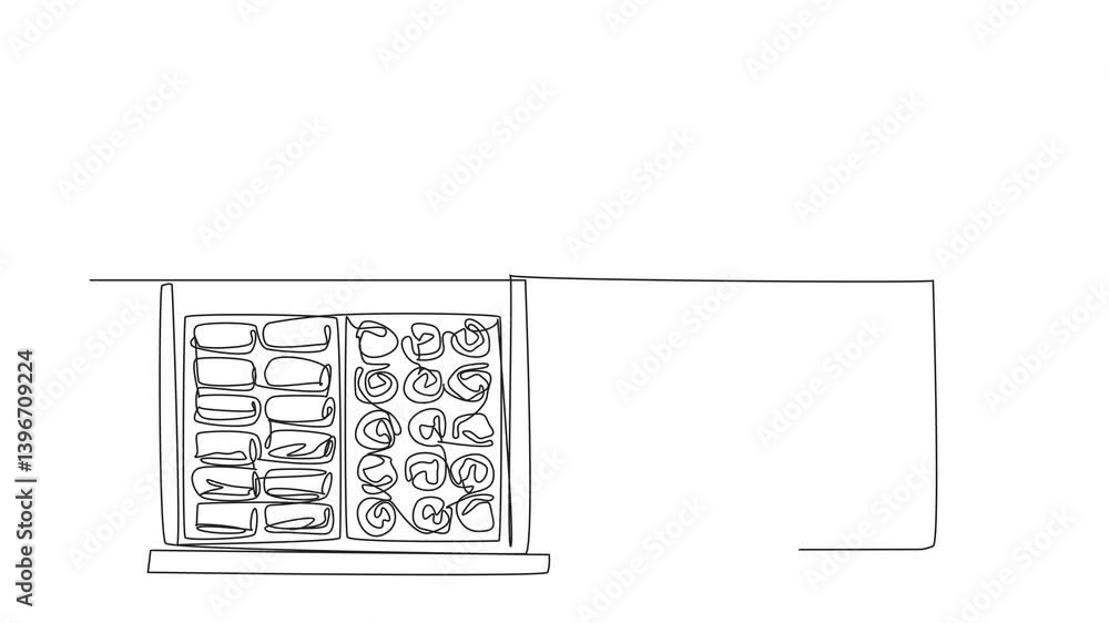Poster Animation of continuous one line drawing wardrobe drawer opened and inside there are clothes of woman. Very well arranged. Get Organized Day. Single line self drawing animated. Full length motion