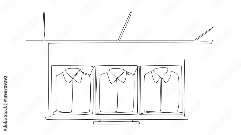 Poster self drawing animation of single one line drawing wardrobe drawer opened and inside there are shirts