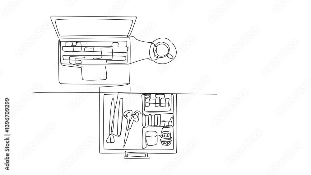 Poster self drawing animation of continuous one line drawing work desk with open drawers and various conten