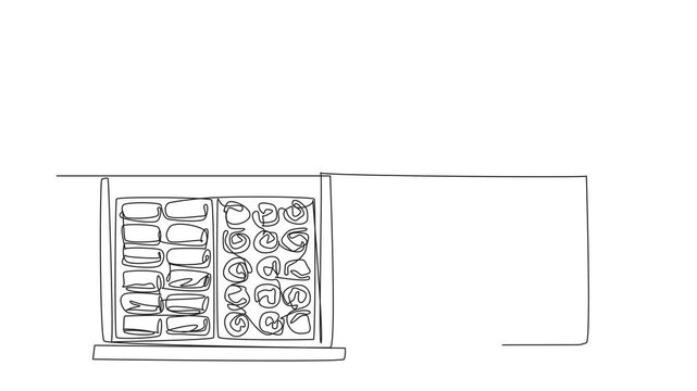 Animation of continuous one line drawing wardrobe drawer opened and inside there are clothes of woman. Very well arranged. Get Organized Day. Single line self drawing animated. Full length motion