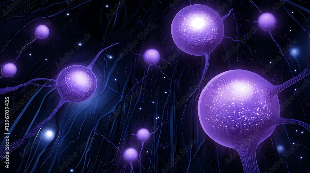 Poster abstract representation of glowing neurons in a dark environment, showcasing neural connections and 