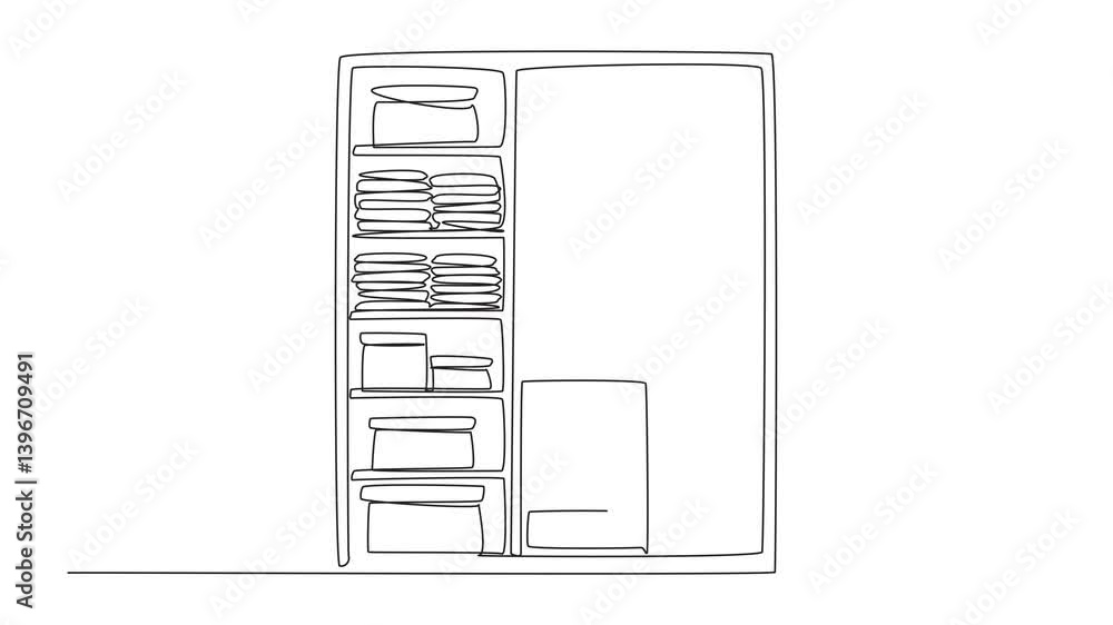 Poster self drawing animation of continuous one line drawing wardrobe with several compartments containing 