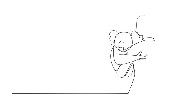 Animated self drawing of continuous one line drawing a woman in casual clothes is holding a koala. Cute tame animals. Capture holiday moments. Hug an Australian Day. Full length single line animation
