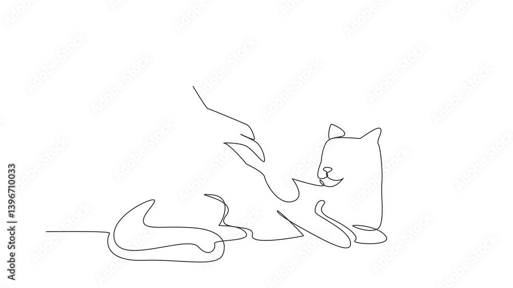 Aufkleber self drawing animation of continuous line drawing cat lying down and being combed by animal brush. c