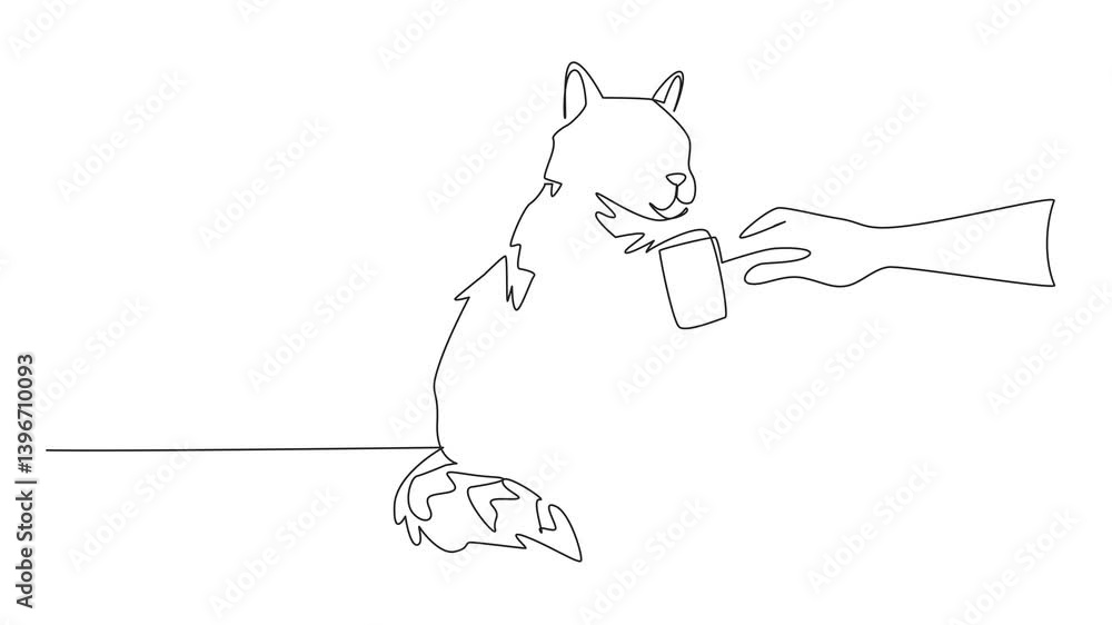 Poster animated self drawing of continuous line drawing hand combing a sitting cat with an animal comb. bel