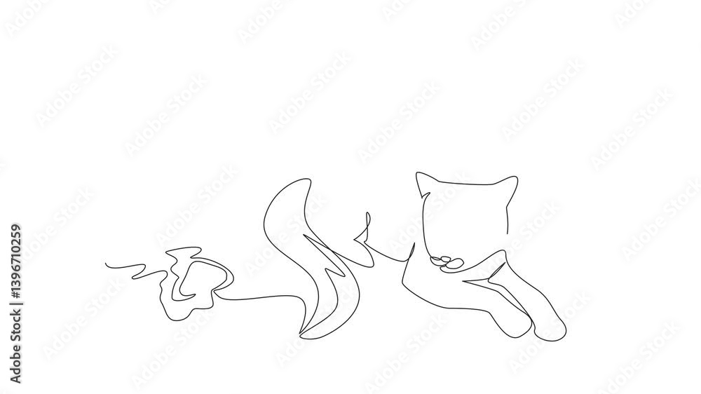 Poster self drawing animation of continuous one line drawing the cat being combed by a fur brush. preventio