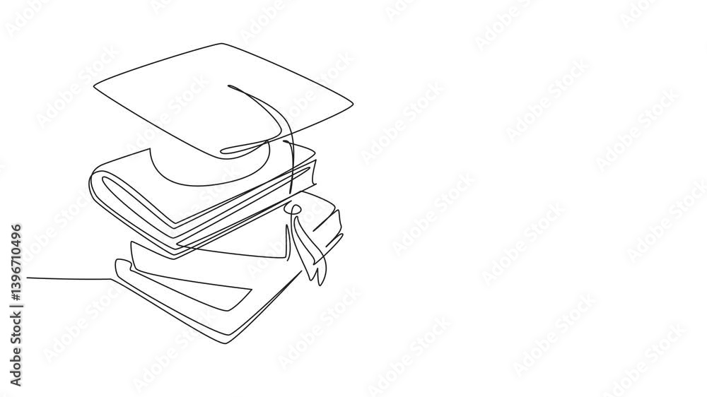 Poster self animate drawing some books stacked and on top of them is a graduation hat. graduation symbol. l