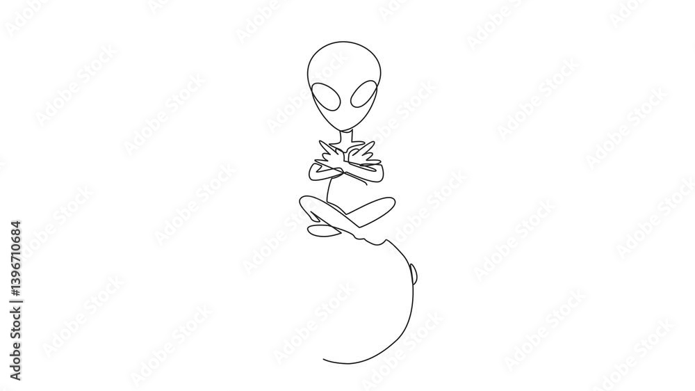Poster animation of single one line drawing aliens sitting on the moon. telepathic movements. talking from 