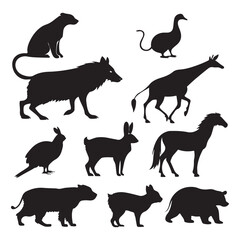 silhouette the set includes a Cat, Dog, Mouse, Rat, Hamster, Rabbit, Duck, Chicken, Sheep, Goat, Pig, Cow, Fox, Wolf, Bear, Koala, Deer, Giraffe, Elephant, Tiger, Lion