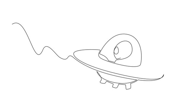 Animated self drawing of single continuous line drawing alien riding a ufo. Flying saucer. Long and tiring journey in space. Preparing to invade. Fantasy. Alien Day. Full length single line animation