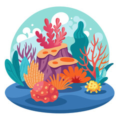 Fototapeta premium This vibrant coral reef illustration features diverse marine flora and fauna, showcasing colorful corals, seaweed, and underwater rocks, highlighting the beauty of ocean ecosystems
