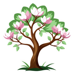 This illustration features a magnolia tree with lush green leaves and delicate pink and white flowers, representing the beauty of spring in a tranquil setting. Perfect for nature lovers