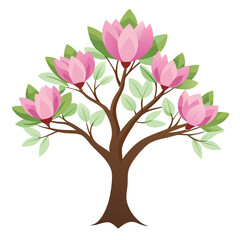 Fototapeta premium Magnolia tree features vibrant pink flowers and fresh green leaves on a brown trunk, perfect for decoration or graphic design with a flat vector style