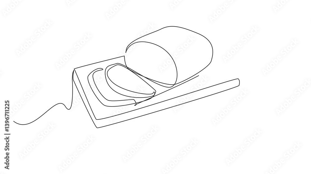 Poster self drawing animation of single one line drawing boneless prime rib cut into 2 small slices. the pr