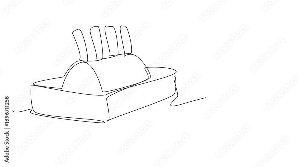 Poster animated self drawing of continuous line drawing prime rib with bones still on in a square pan. high
