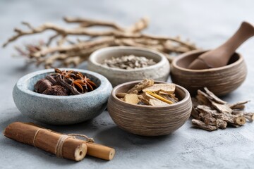 An assortment of dried roots and herbal remedies is presented, showcasing the core principles of traditional medicine The arrangement emphasizes natural textures, earthy tones, and time-honored