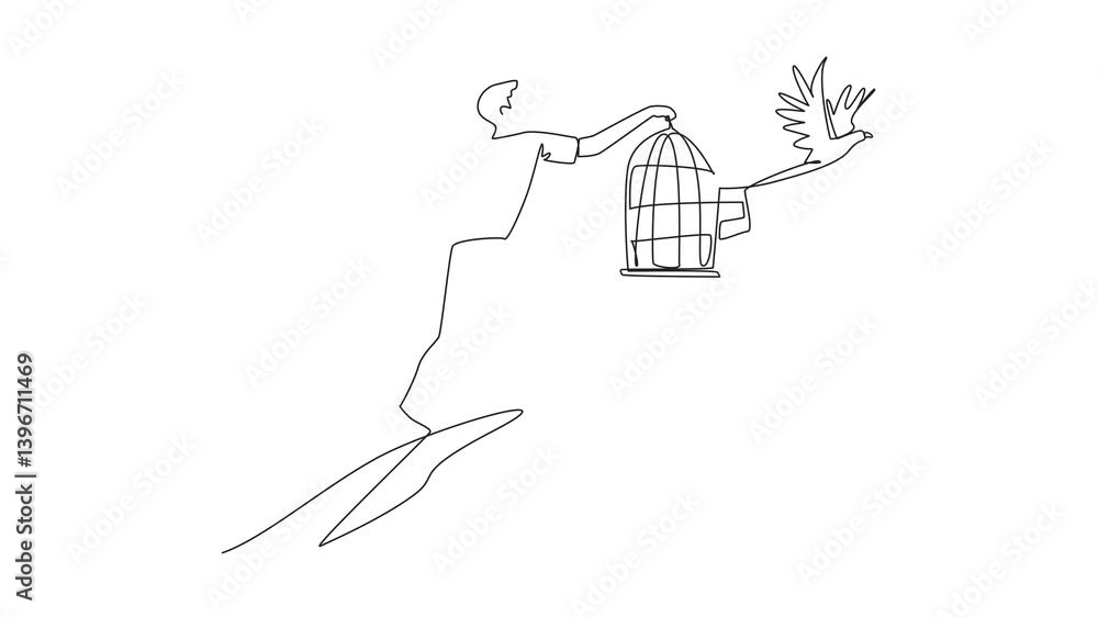 Poster self drawing animation of continuous one line drawing man in casual clothes stood on hill releasing 