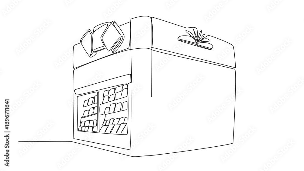 Poster animated self drawing of continuous line drawing bookstore located in corner of the building. an anc