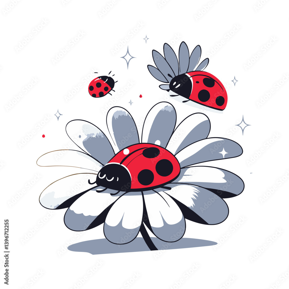 Aufkleber charming ladybug cartoon vector with multiple bugs on and around a daisy flower, set in a whimsical 