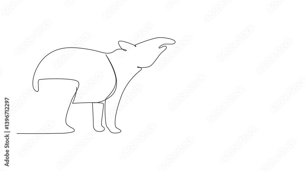 Poster animated self drawing of single continuous line drawing tapir pose. land mammal native to south amer