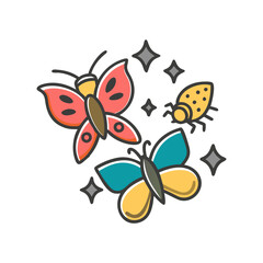 Colorful cartoon vector of two butterflies and a beetle with sparkles, featuring a fun and vibrant insect design.