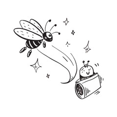 Playful black and white cartoon vector of a bee launching another bug from a cannon, surrounded by sparkles.