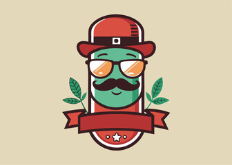 capsule medicine hipster vintage logo. Capsule with leaves or plant with kine art design style for herbal food vitamin or supplement logo concept vector cartoon illustration