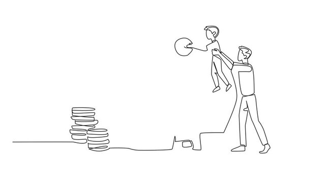 Self drawing animation of single continuous line drawing father holding his son who wants to put big coins into the piggy bank. Teaching. National Teach Children to Save Day. Full length animated