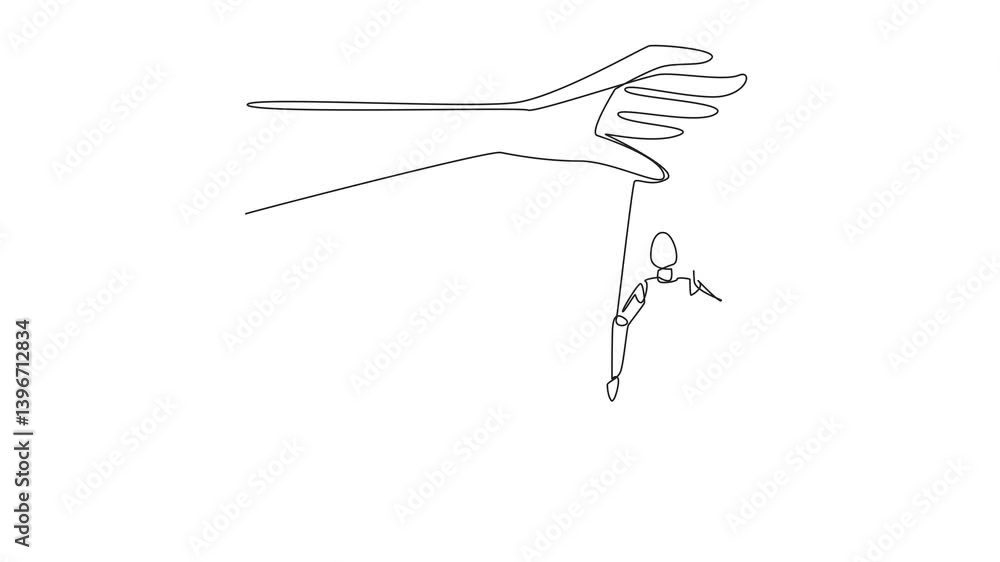 Poster animation of continuous line drawing fingers playing hand puppet. the puppeteer has story to perform