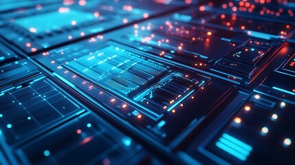 Futuristic solar panel close-up with embedded sensors and glowing interface overlays. Captured in a tech lab environment with soft blue lighting. Created Using: advanced solar tech visuals,