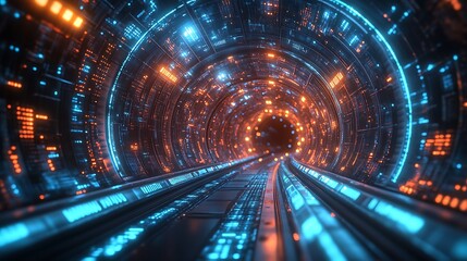 Futuristic tunnel lined with glowing fiber optic strands on each side, glowing rhythmically as if pulsing with data. Captured with cinematic depth. Created Using: immersive data tunnel effect,