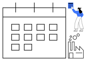 Woman holding clipboard next to oversized calendar grid representing planning. Ideal for scheduling, time management, productivity, organization, deadlines, event planning, team coordination. Flat