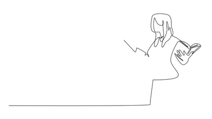 Self drawing animation of continuous line drawing woman in casual clothes reading a book or poetry in attractive pose. Seriously before performance. Great Poetry Reading Day. Full length animated - Powered by Adobe