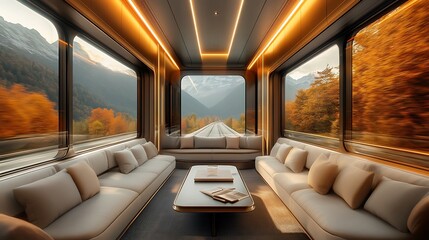 Lounge area of a high-speed train captured from a corner view, modern interior with plush armchairs, sleek coffee table, smart glass showing motion-blurred mountains.