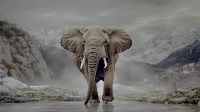  wildlife documentary style footage, big elephant walking along the creek