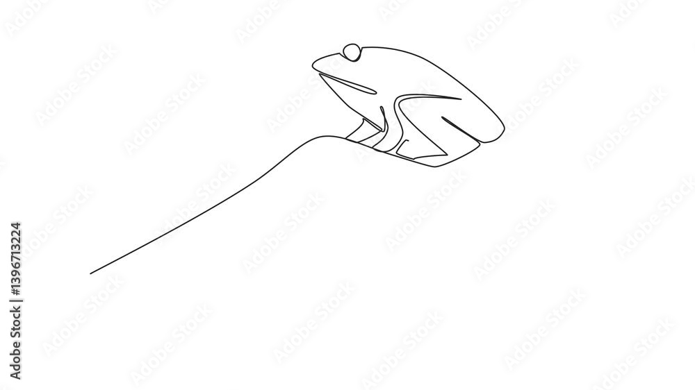 Poster self drawing animation of single continuous line drawing frog on open palm. released into their natu
