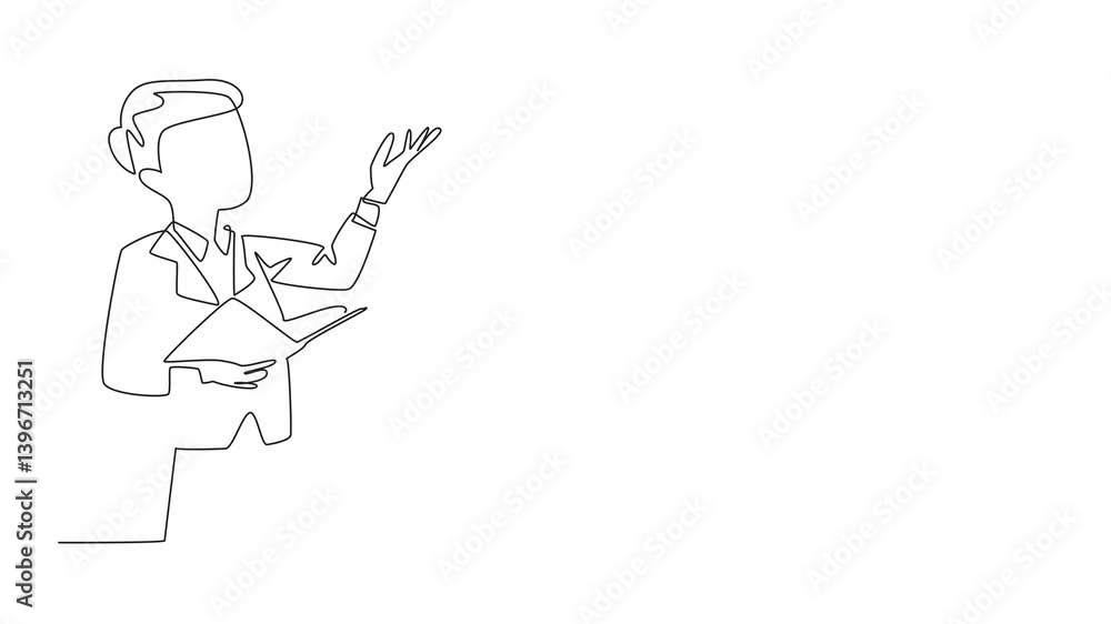 Poster animation of single one line drawing a boy reading a book or poem with an attractive pose. styled li